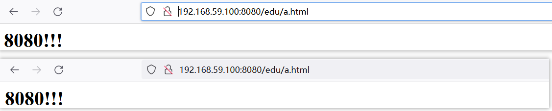 此时可在本地浏览器可访问到两个端口的测试页面